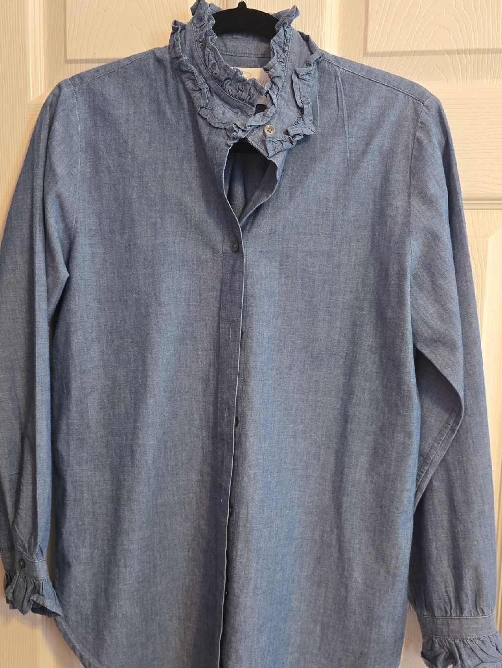 J. Crew Light Blue Chambray Ruffle-Neck Button-Down Shirt